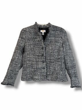 Talbots Petites Black White Tweed Wool Blend Knit Vintage Blazer size 12 Petite